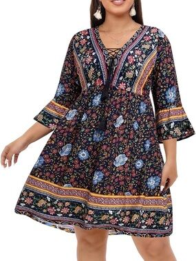 Pinup Fashions Boho Floral Lace-Up Navy Dress with Blue & Yellow Accents